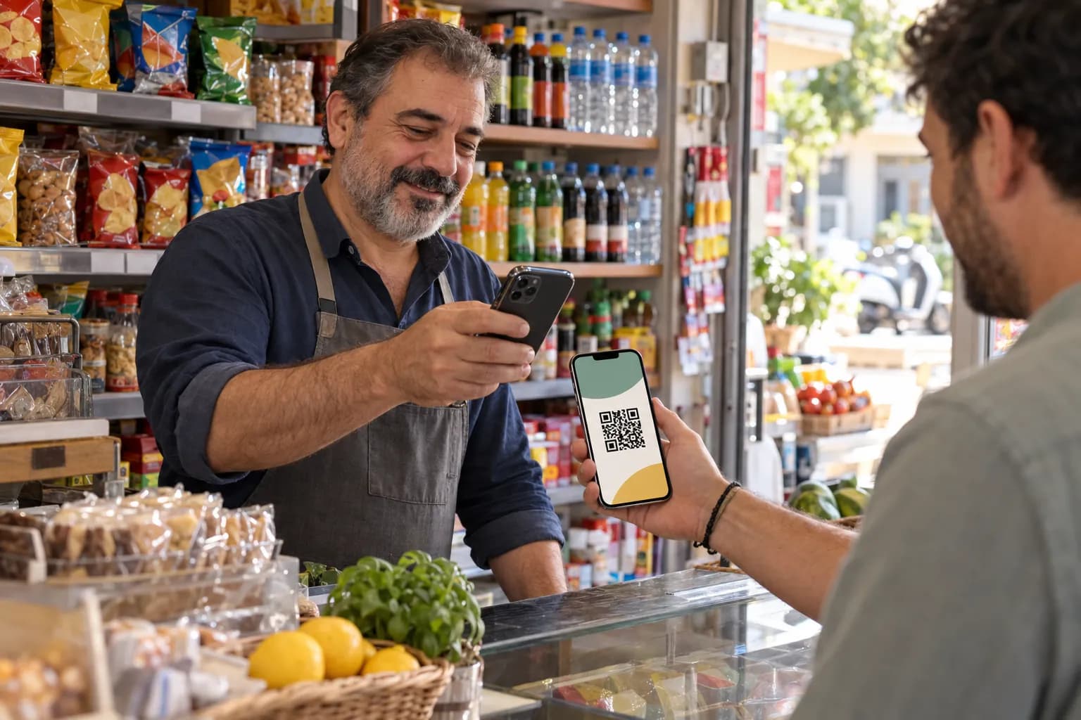Ιδιοκτήτης mini market σκανάρει την ψηφιακή κάρτα loyalty στο κινητό πελάτη στο ταμείο