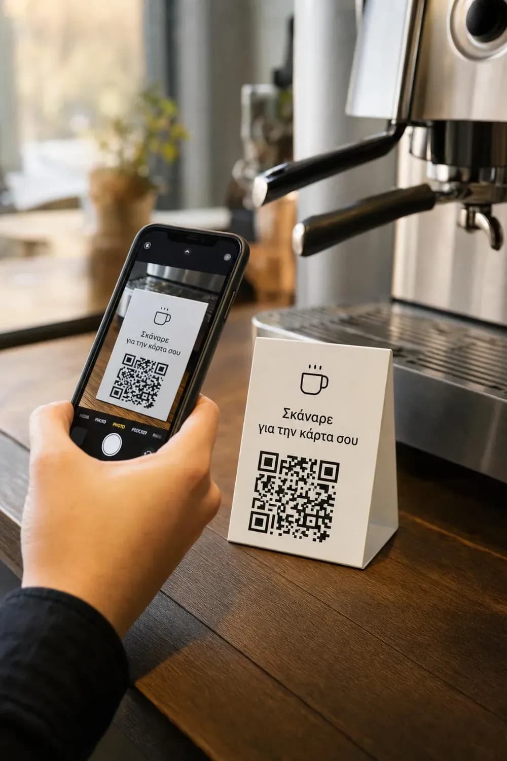 Πελάτης σκανάρει με το iPhone του το QR code εγγραφής στο standee δίπλα στη μηχανή espresso