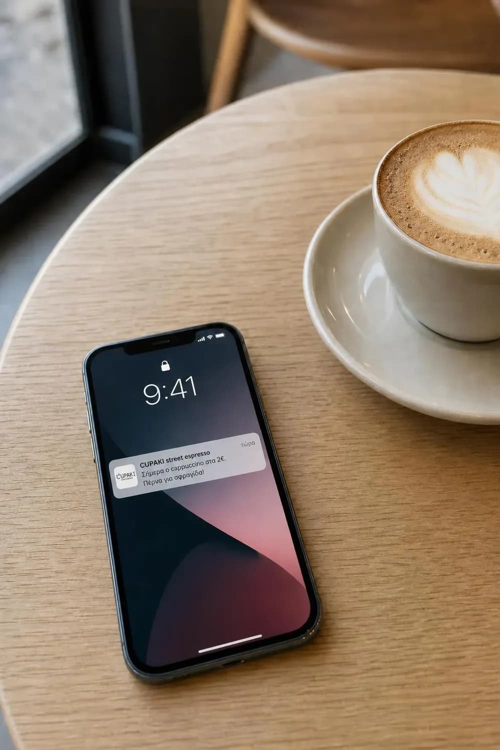 iPhone σε τραπέζι καφετέριας με ειδοποίηση στην οθόνη κλειδώματος από το CUPAKI street espresso: σήμερα ο cappuccino στα 2€